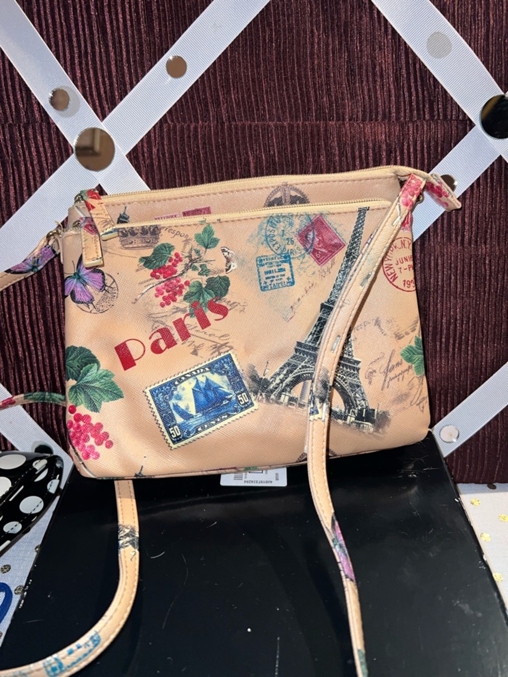 Paris Print Crossbody Bag in Peach